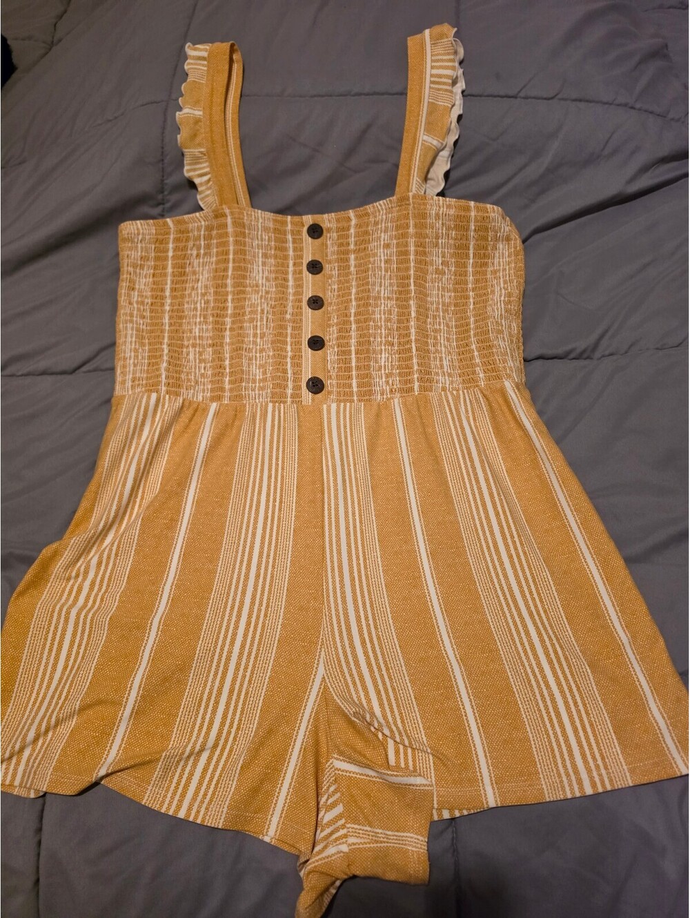 derek heart XL Mustard Yellow Striped Romper with Ruffle Straps